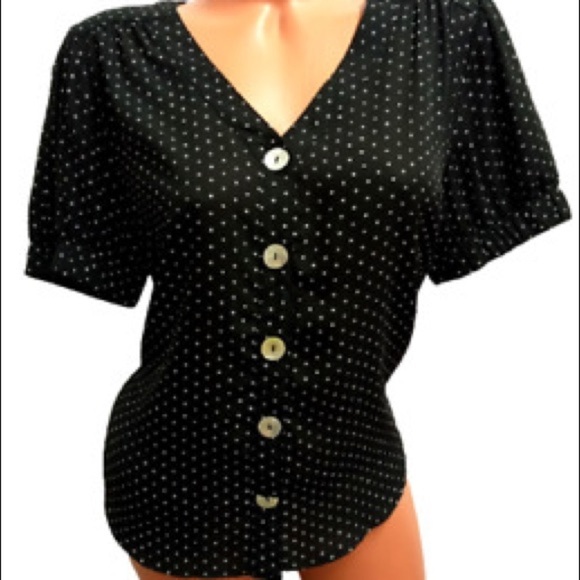 Lily White Women's Short Sleeve Black and White Polka Dot V-Neck Blouse 👚 - Picture 5 of 6